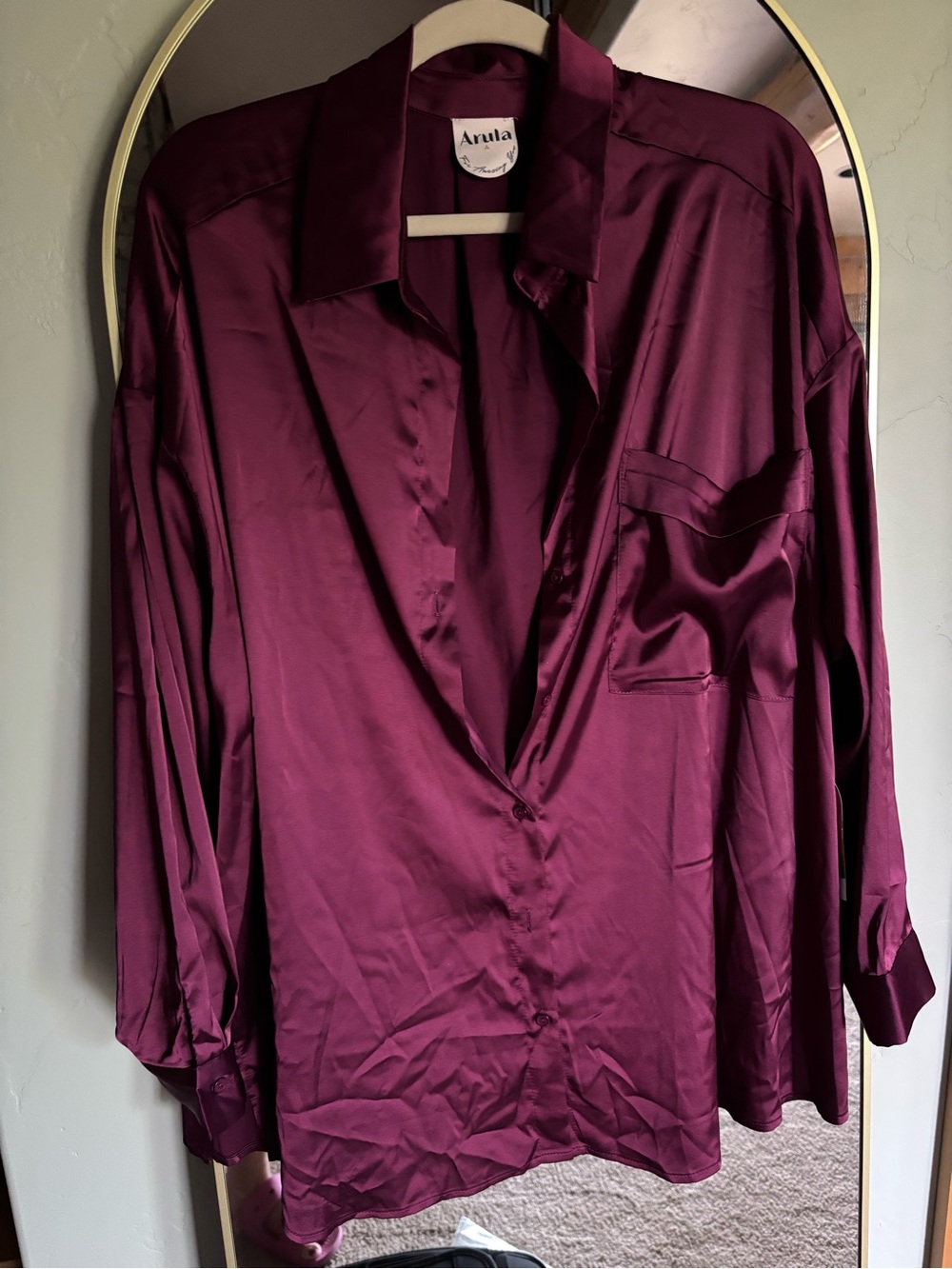 ARULA Satin Button-Down Shirt in Deep Plum